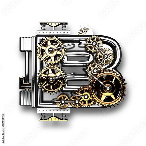 b isolated metal letter with gears on white background