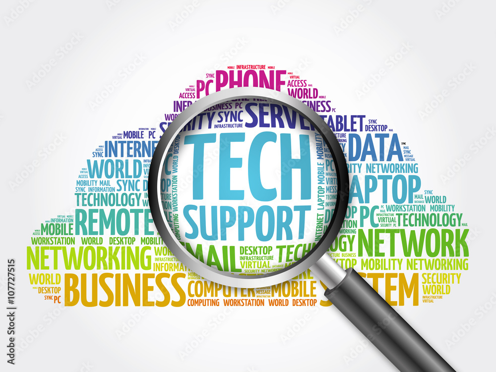 Tech support word cloud with magnifying glass, business concept Tech support word cloud with magnifying glass, business concept