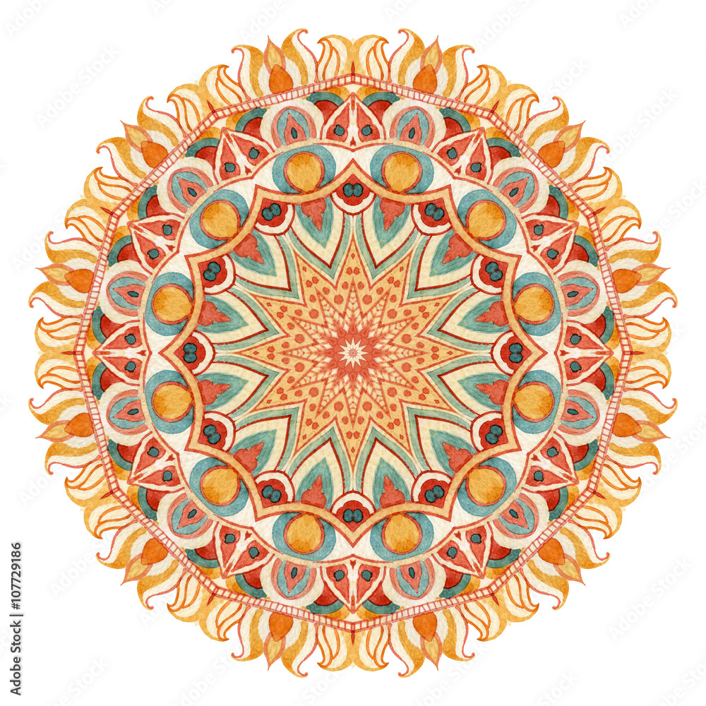 Watercolor mandala with sacred geometry. Ornate lace isolated on white background.
