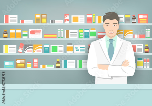 Pharmacist at a counter in a pharmacy opposite the shelves with medicines. Asian man vendor in a drugstore. Modern flat vector medical illustration. Healthcare background. People occupation design