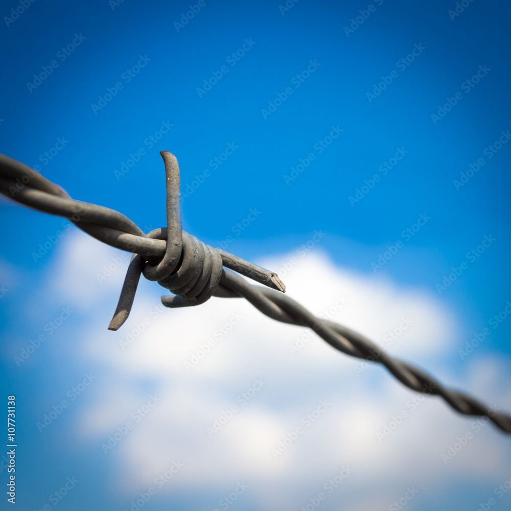 Barbed wire against blue sky