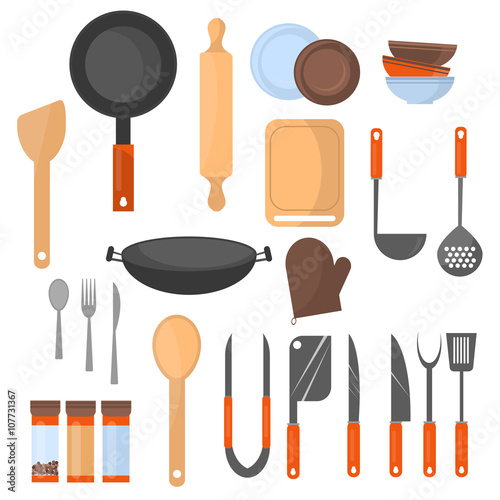 Set kitchen utensil collection of cookware icons, cooking tools and kitchenware equipment. 