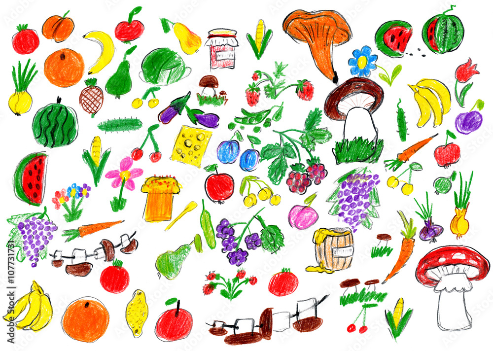 Fototapeta premium cartoon food collection, fruit and vegetables, child drawing object set on paper, hand drawn art picture