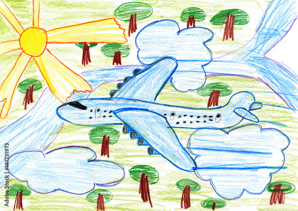Naklejka premium airliner fly high above the earth, child drawing pencil on paper