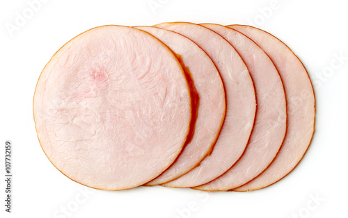 Fototapeta Naklejka Na Ścianę i Meble -  Sliced turkey ham on white background