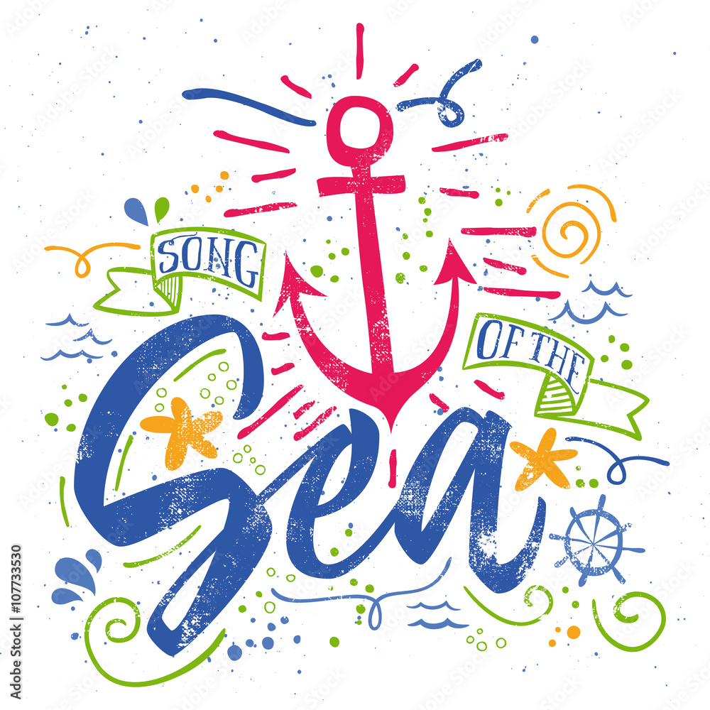 Naklejka premium Sea print T-shirts for summer. Vector illustration. Hand letteri