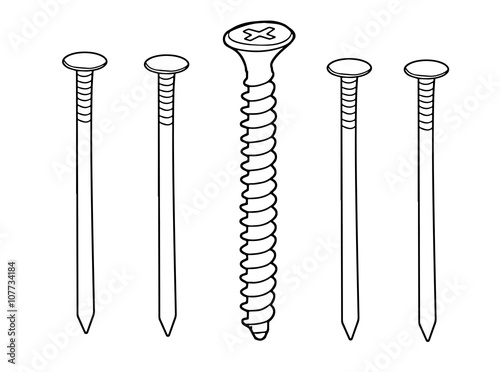 Row of nails and a screw on the wooden desk.  Leadership, independence, initiative, uniqueness, business success, teamwork, concept. Vector image.