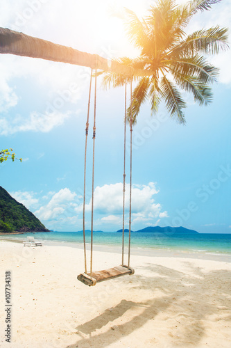 Beautiful tropical island beach with coconut palm trees and swing © Alexander Ozerov