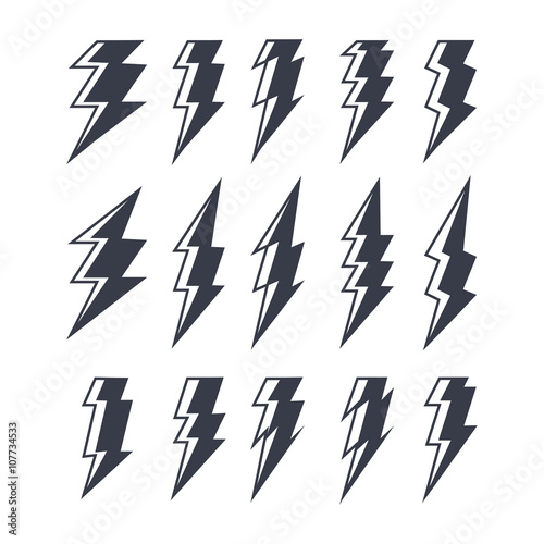 Set of lightning doodle isolated on white background, black silhouette, vector illustration