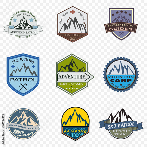 Set of ski patrol and mountain adventure badges and logo patches 