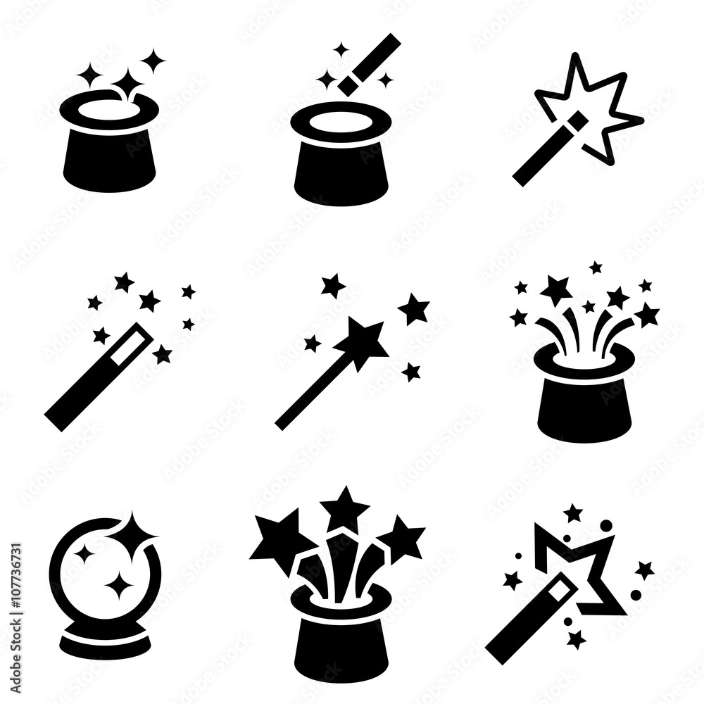 Vector black magic icons set. Magic Icon Object, Magic Icon Picture