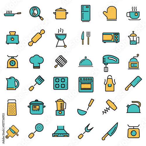 Vector flat line kitchen and cooking icons set. Kitchen and Cooking Icon Object, Kitchen and Cooking Icon Picture - stock vector