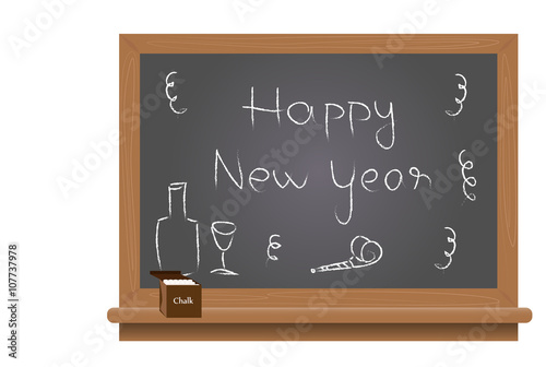 Happy new year text on a school blackboard written with chalk.