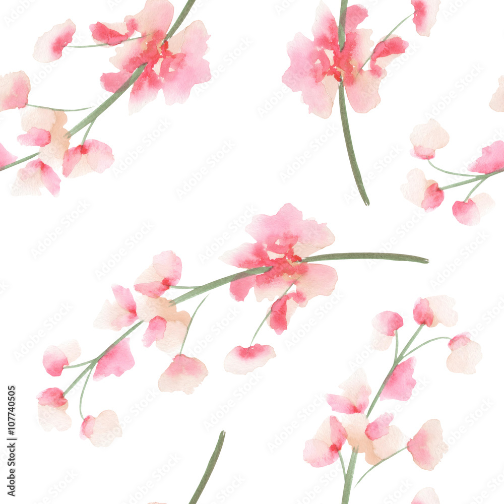 Seamless pattern with the isolated watercolor pink and red Delphinium (Larkspur) flower, hand drawn on a white background