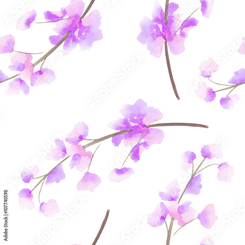 Seamless pattern with the isolated watercolor pink  purple and violet Delphinium  Larkspur  flower  hand drawn on a white background