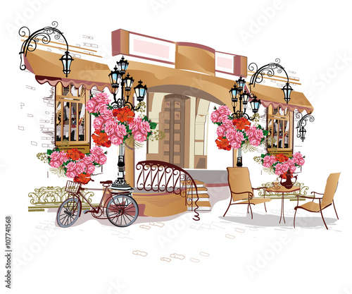 Series of backgrounds decorated with flowers, old town views and street cafes.