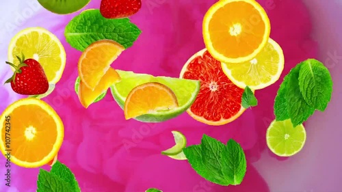 fruits falling down, detox cocktail, animation