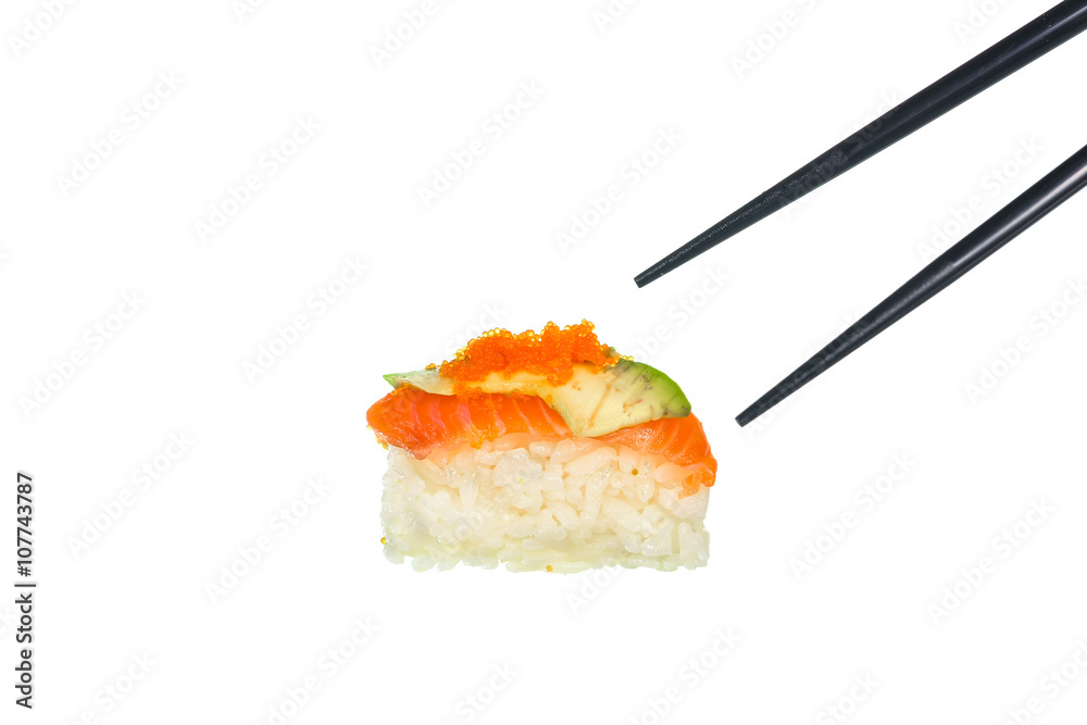 Fresh Sushi with black chopticks on white background Fresh Sushi with black chopticks on white background