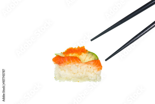 Fresh Sushi with black chopticks on white background