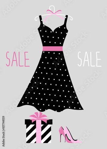 vector illustration of a polka-dot dress on a hanger, shoes and gift wrapping. hanger with fashion women summer clothing. Fashion boutique for design fashion