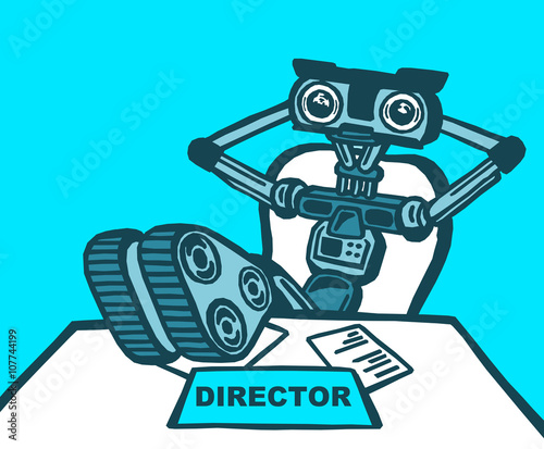 Illustration of robot sitting behind the table as director. Metaphor of fourth industrial revolution (Industry 4.0) and artificial intelligence