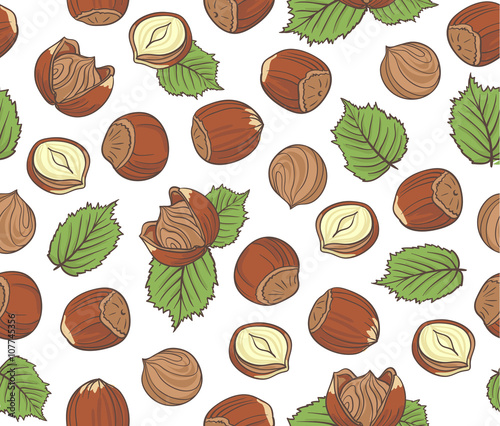Seamless pattern with hand drawn hazelnuts on white background.