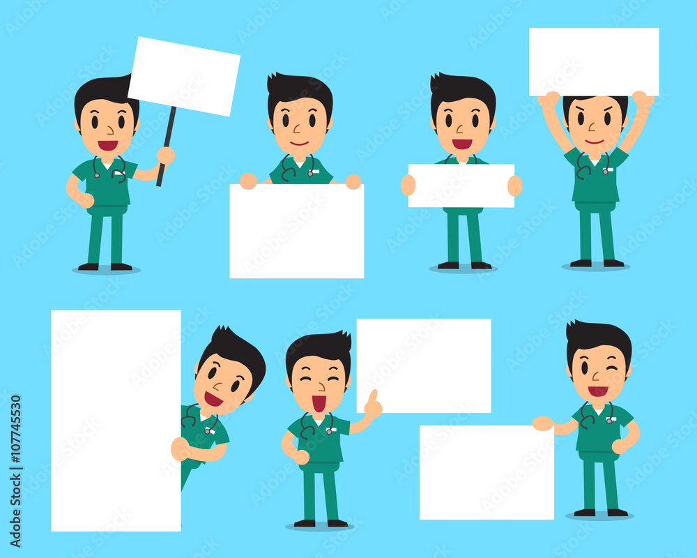 Set of male nurse with blank white banner Set of male nurse with blank white banner