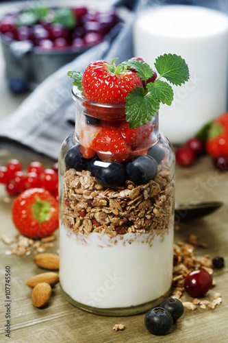 Yogurt with baked granola and berries