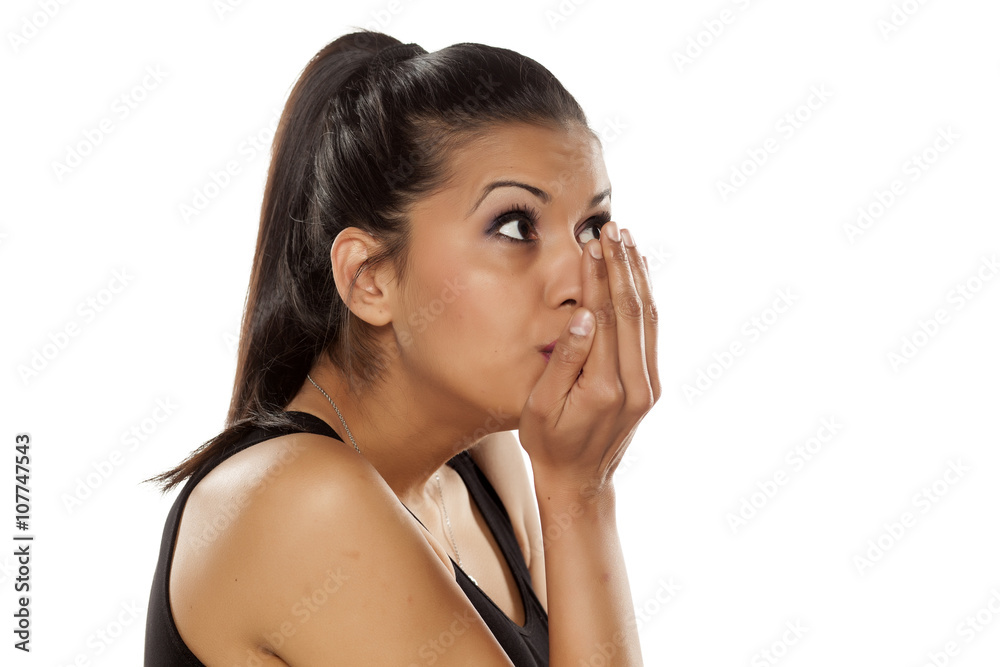 beautiful young woman checking her mouth odor beautiful young woman checking her mouth odor