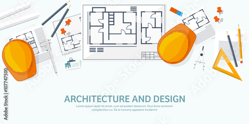 Vector illustration. Engineering and architecture. Drawing, construction.  Architectural project. Design, sketching. Workspace with tools. Planning, building. 