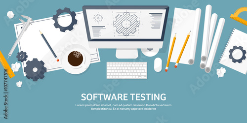 Vector illustration. Engineering and architecture. Notebook, computer . Drawing, construction.  Architectural project. Design, sketching. Workspace with tools. Planning, building. 