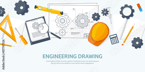 Vector illustration. Engineering and architecture. Drawing, construction.  Architectural project. Design, sketching. Workspace with tools. Planning, building. 