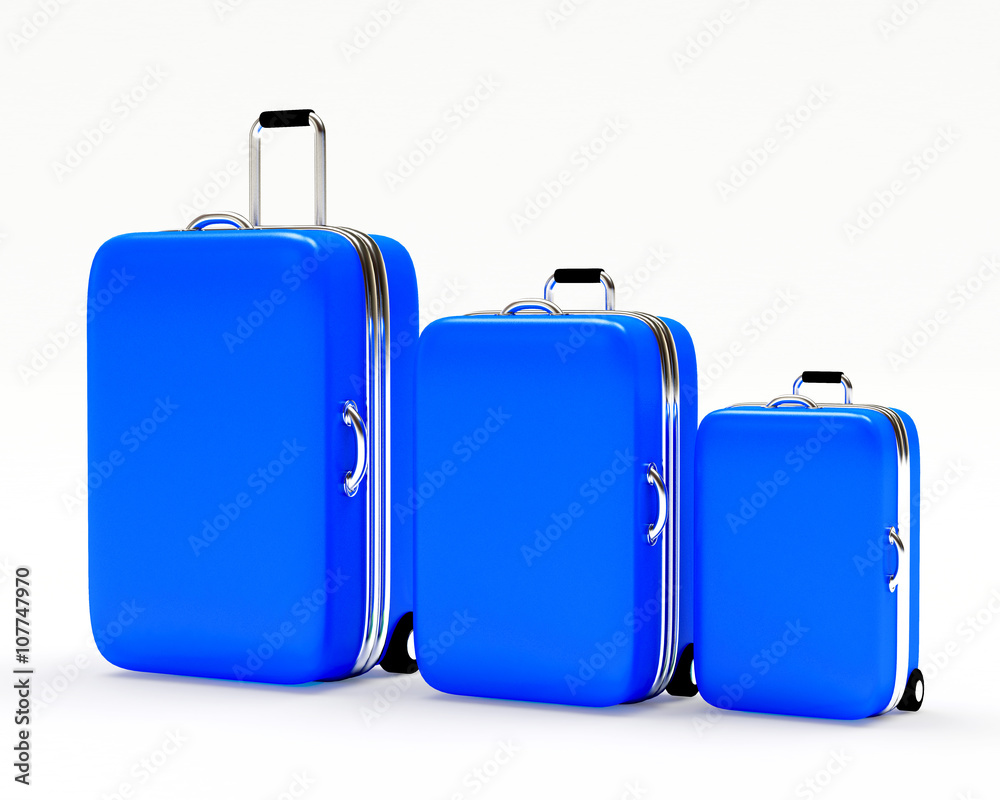 Set of blue suitcases large, medium and small isolated on white background. 3d illustration Set of blue suitcases large, medium and small isolated on white background. 3d illustration