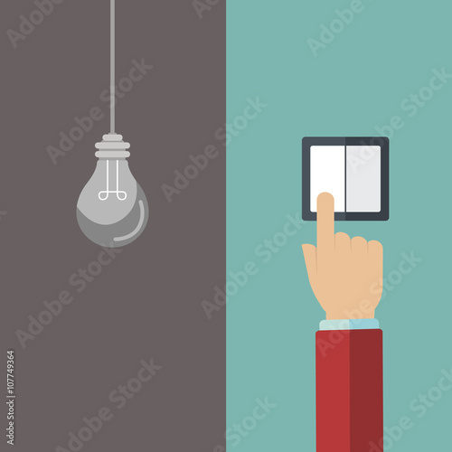 Creative idea. Hanging light bulb or lamp, hand touches the switch. Flat style