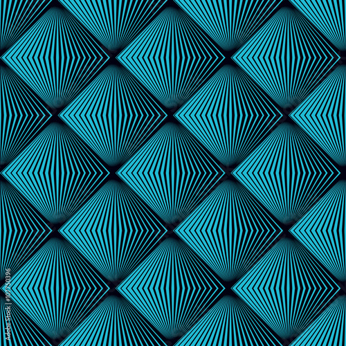 Vector op art pattern of pleated rhombuses in turquoise and black. Stylish, geometric background design. Simple to edit, without gradient.