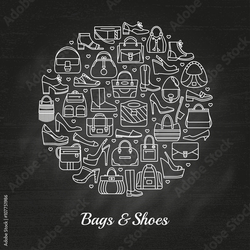 Circle made of line icons. Bags and shoes. Chalkboard background. Vector illustration