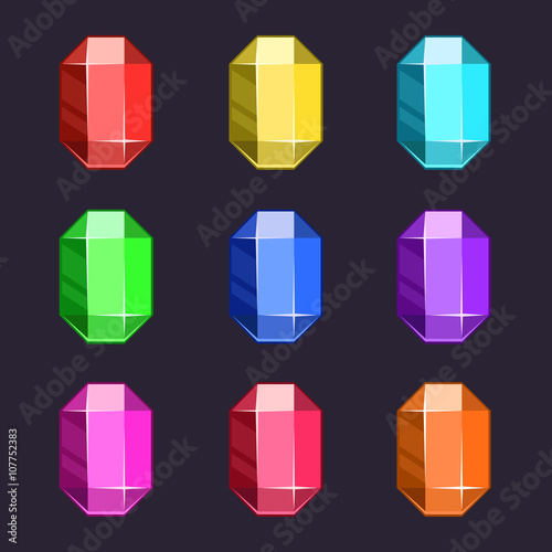 Cartoon vector gems icons set in different colors