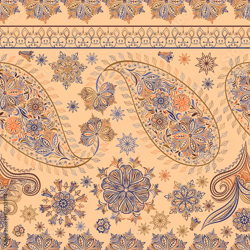 Hand drawing striped wallpaper. Paisley vintage floral motif ethnic seamless background. Printable colors abstract lace pattern. Editable colors without losing seamlessly.  EPS-8 vector buta texture
