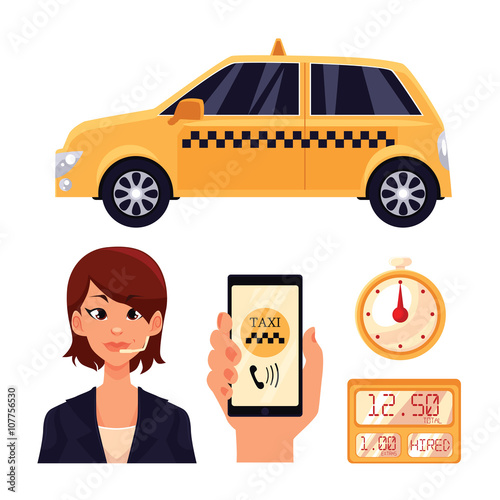 Icons on the transport of the city, a yellow taxi car with swords, girl dispetchet, vector objects isolated, hand holding a phone with the taxi app timer in a taxi cab, transportation of people in car