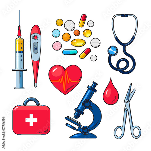 Tools for medical research, the icons on the white background, colored vector objects medical sketch style hand-drawn, heart, icons, microscope, thermometer, syringe, medicines, first aid kit