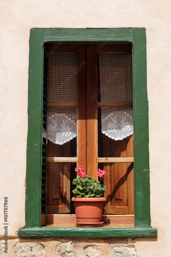 wooden window with lace curtain and flower wooden window with lace curtain and flower