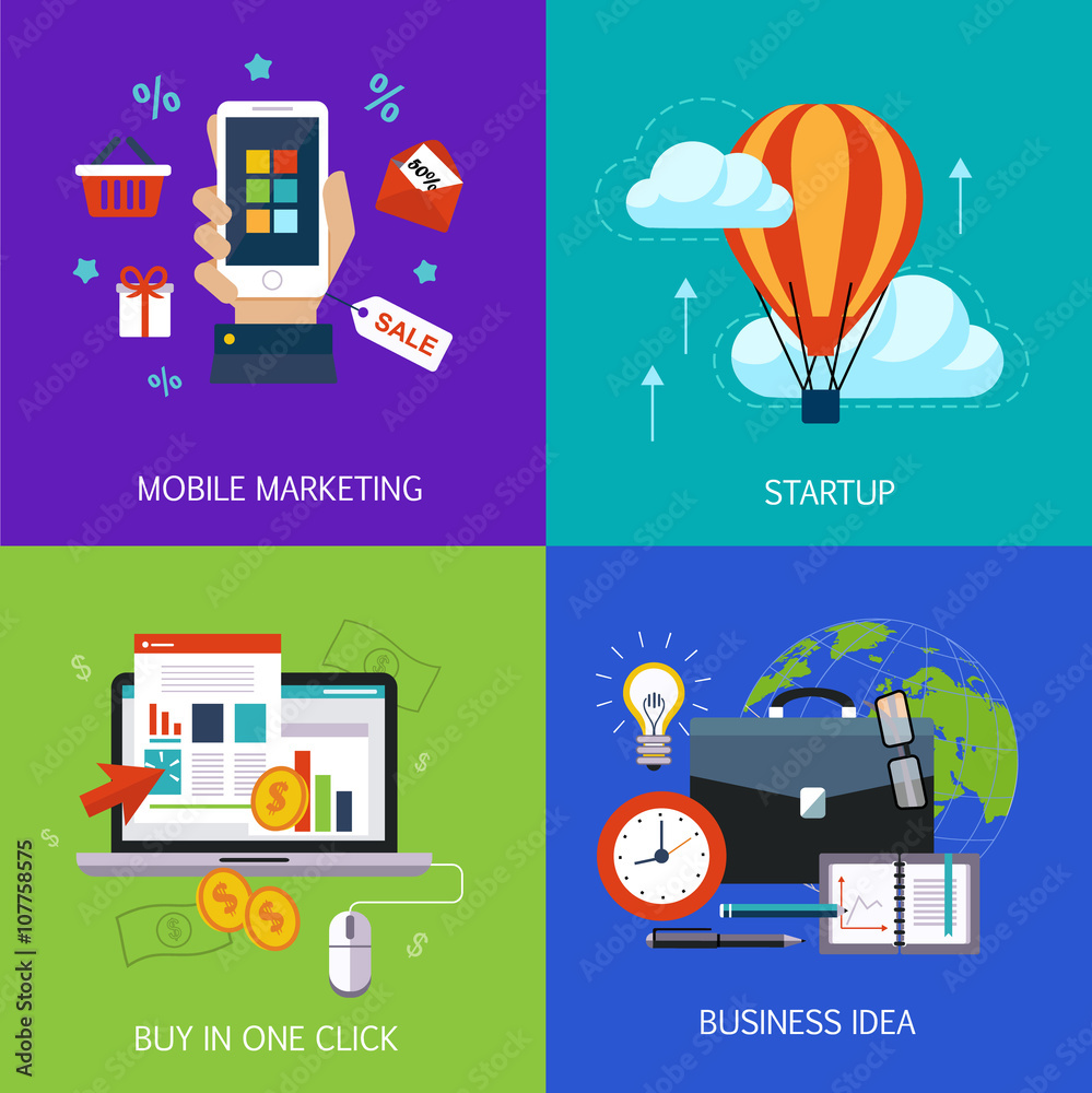 Business banners, start-up, buy in one click, business idea and mobile marketing. Vector flat 