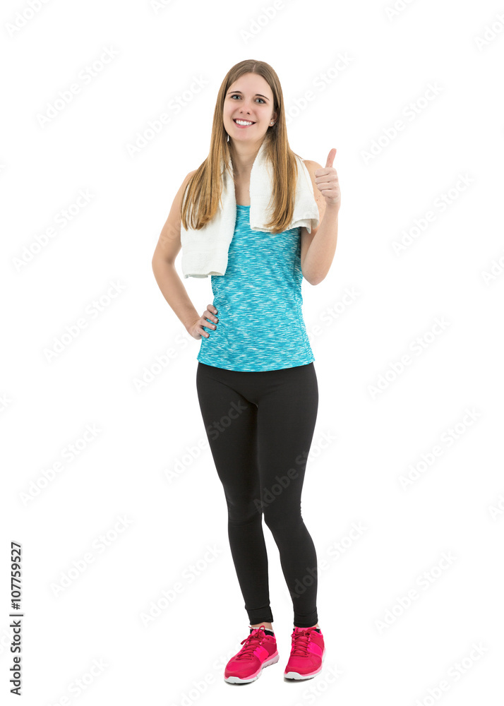 Happy beautiful fitness woman showing thumbs up Happy beautiful fitness woman showing thumbs up