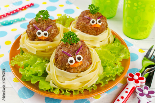 Funny spaghetti with meatballs for kids