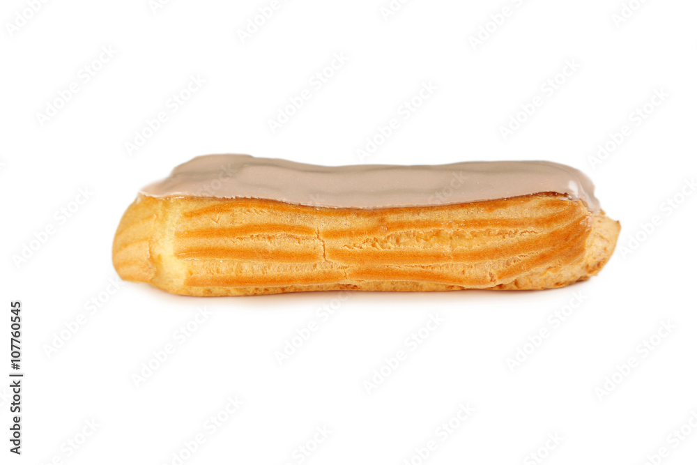Eclair with glaze isolated on a white