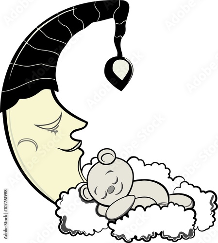 teddy bear and moon. Bear sleeping on a bed of clouds with the moon cradles