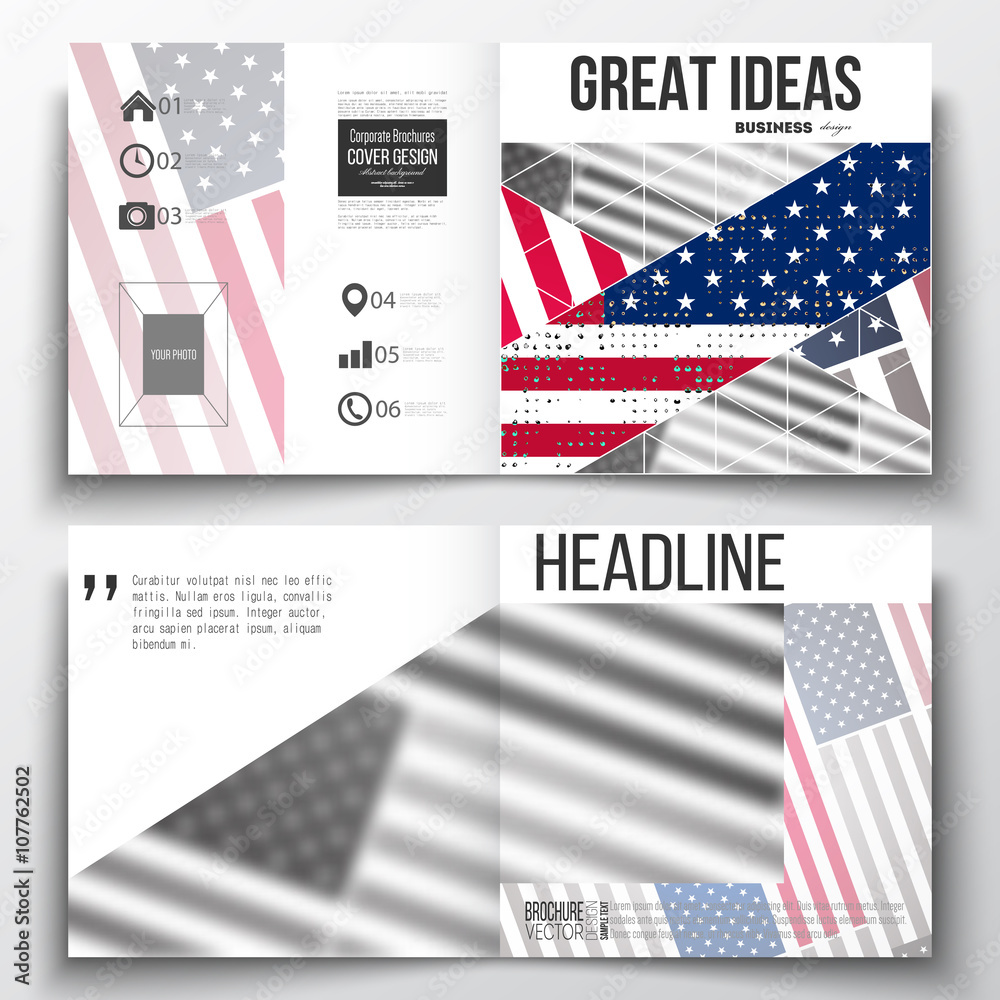 Set of annual report business templates for brochure, magazine, flyer or booklet. Memorial Day background with abstract american flag, vector illustration