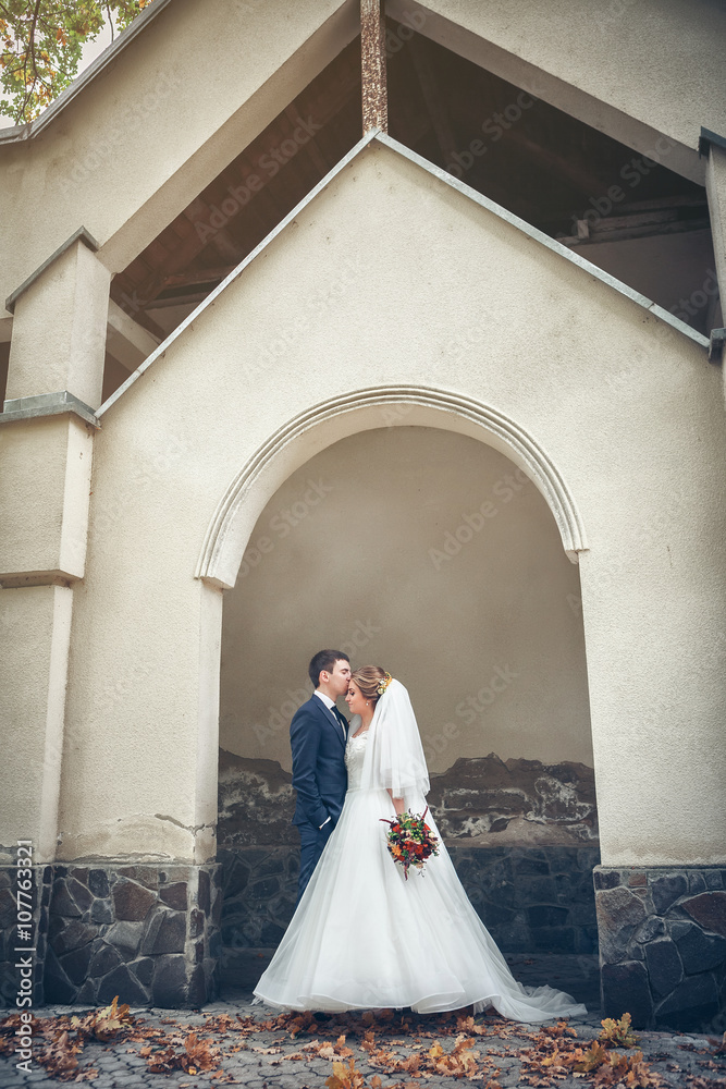 Bride and groom at wedding day outdoors Bride and groom at wedding day outdoors