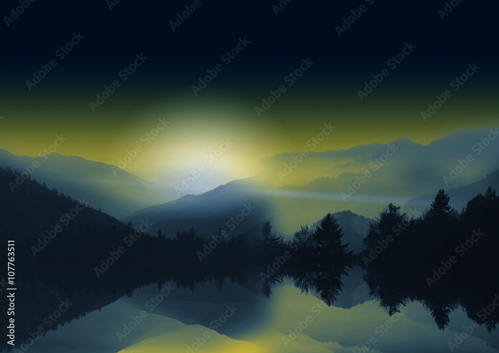mountains with night sky and lake with reflection