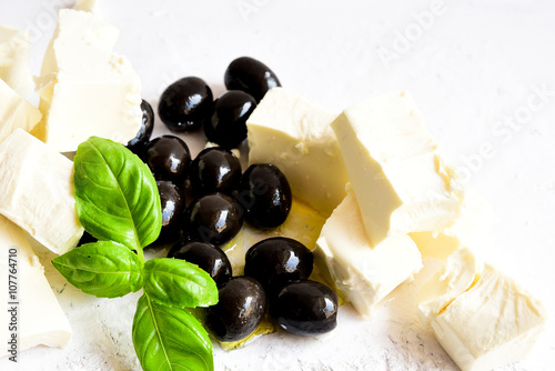 Fresh black olives and feta cheese.